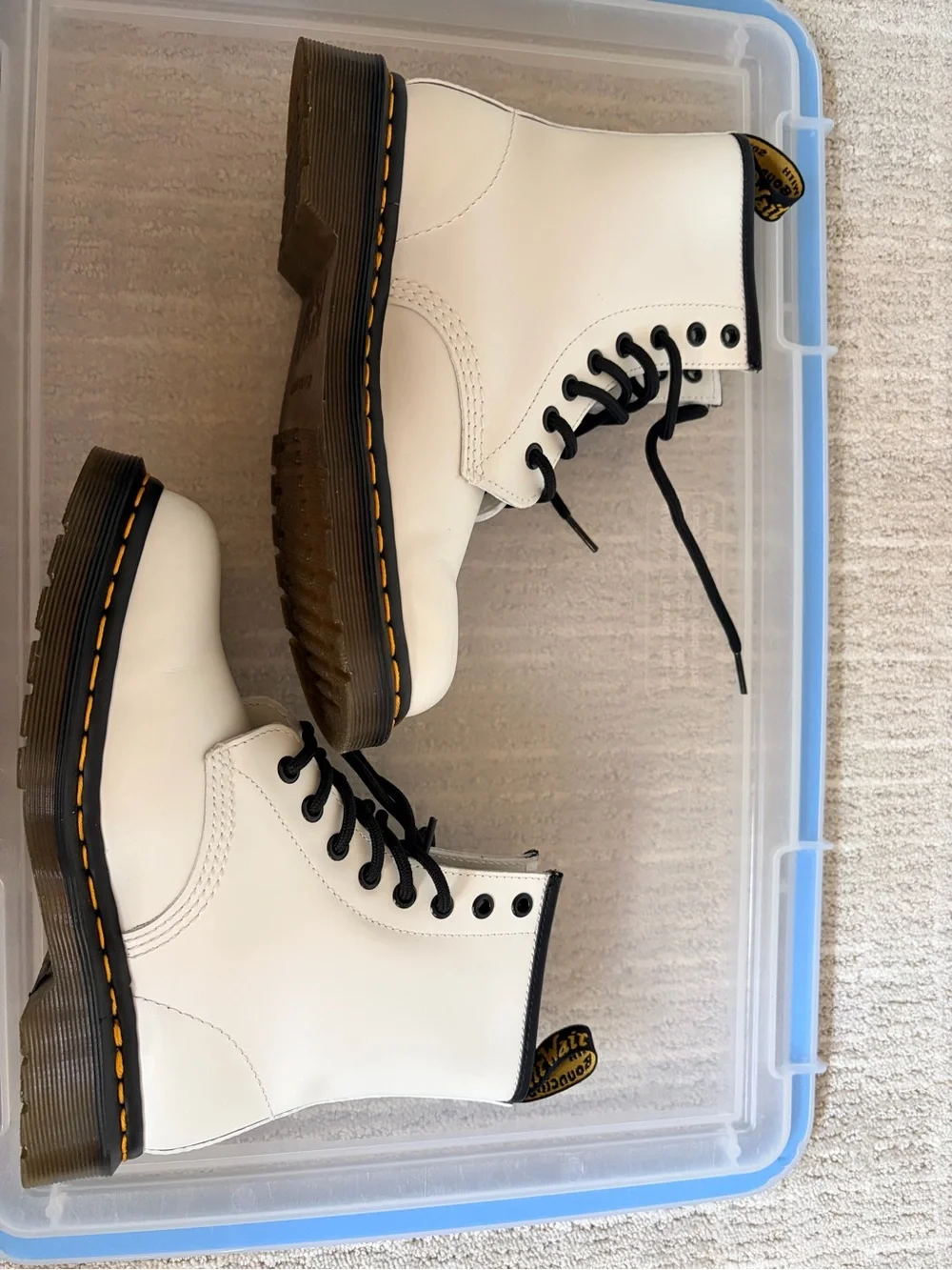 Dr. Martens White Leather 8-Eye Lace-Up Boots with Yellow Stitching